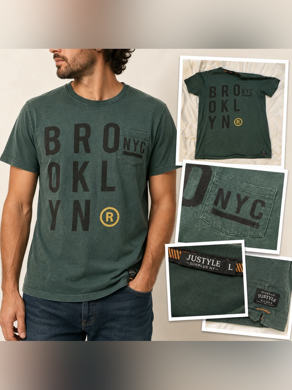 Justyle Surplus NY Brooklyn NYC Graphic Pocket Tee Men’s L Green